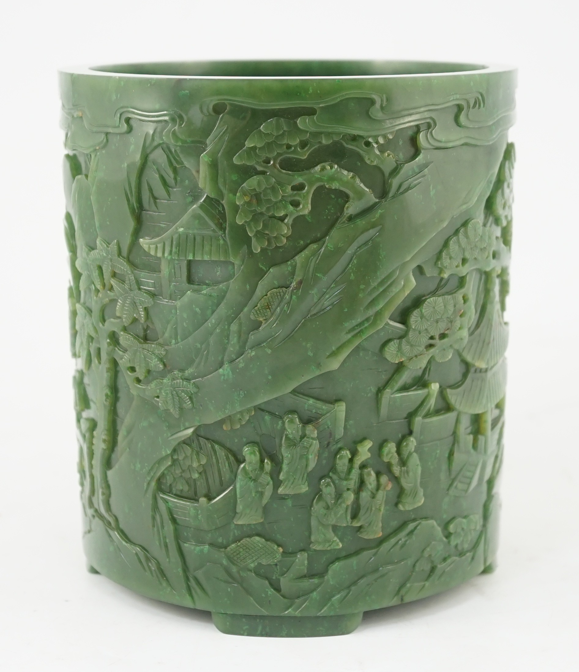 A large Chinese spinach green jade brushpot, bitong, 16.8cm high, 14.9cm diameter